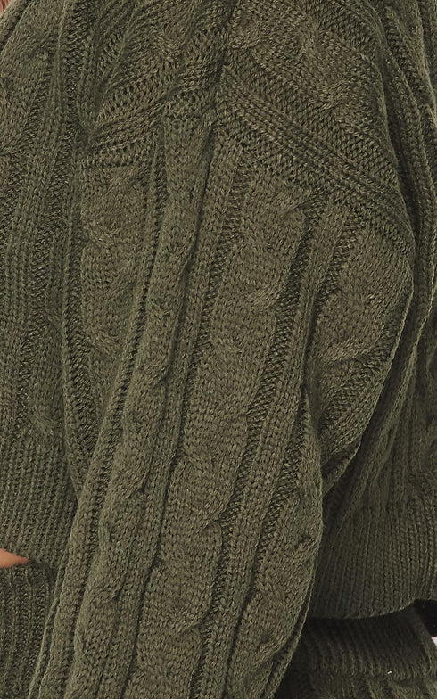 Cable Knit Crop Top and Leggings Set - Olive - SohoGirl.com